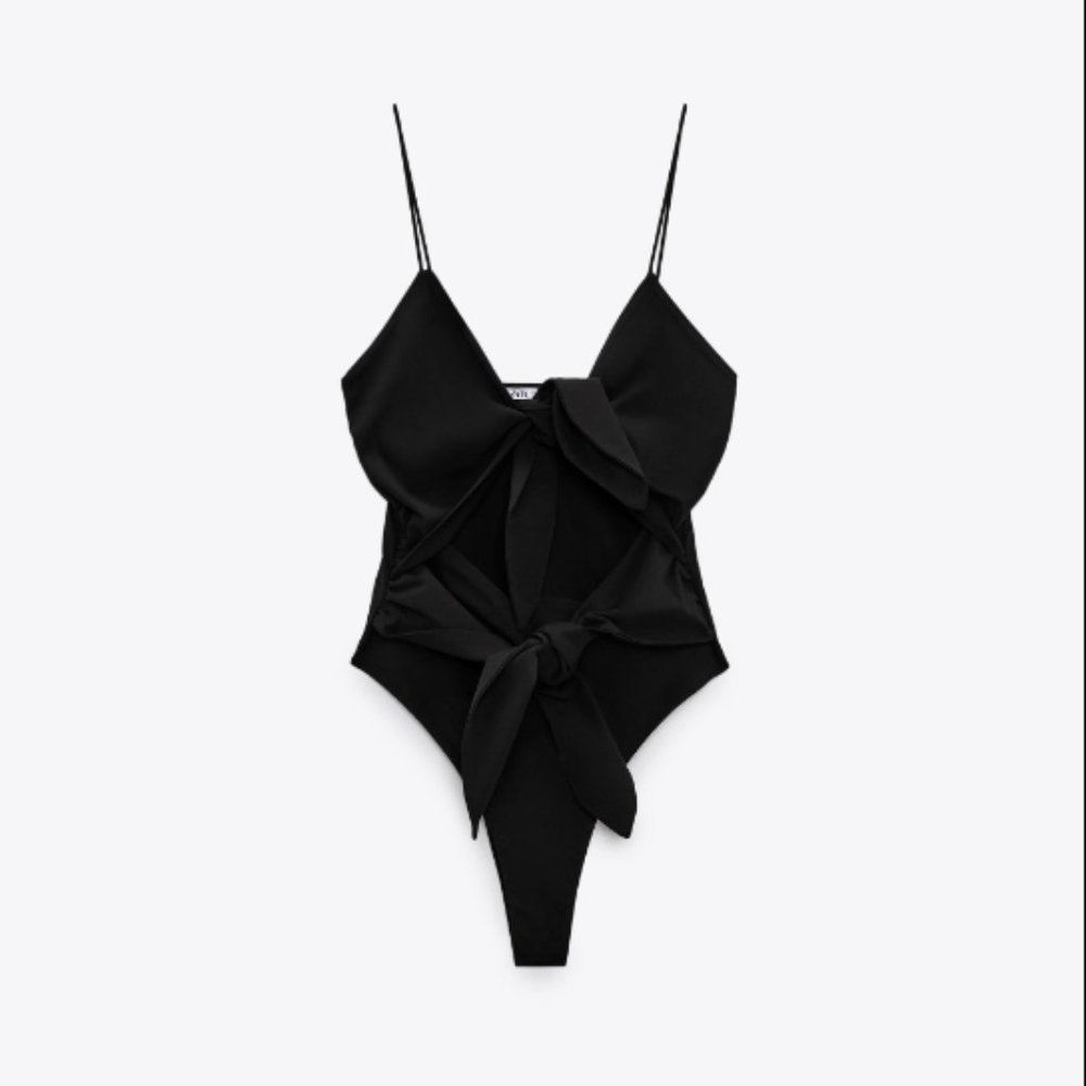 Zara Black Tie Knot Bow Strappy Bodysuit Size Small